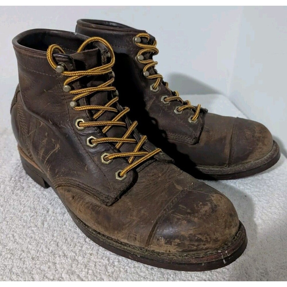 Vintage LL Bean Chippewa Brown Leather Boots Men's Size 9.5 D Cap Toe Lace ODRY9